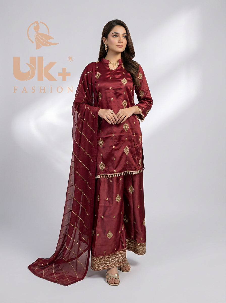 3Pc Embroidered Silk Shirt, Plazo, Dupatt