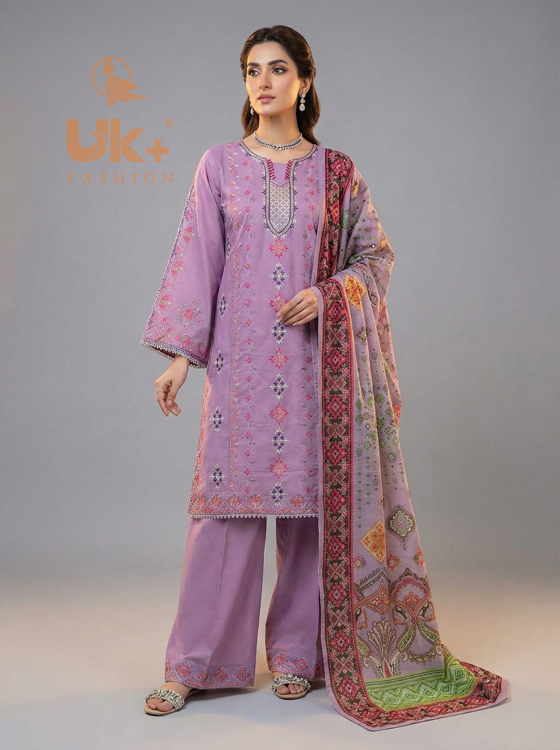 3Pc Embroidered Cotton Shirt, Plazo, Dupatta