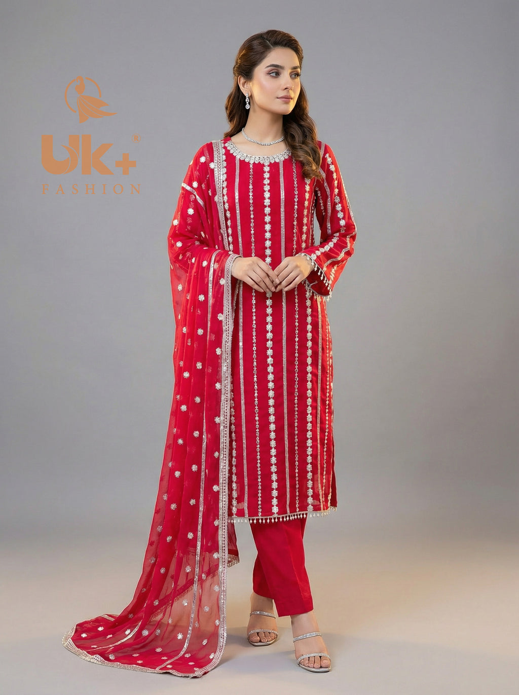 3Pc Chiffon Embroidery Shirt, Shlawar, Dupatta