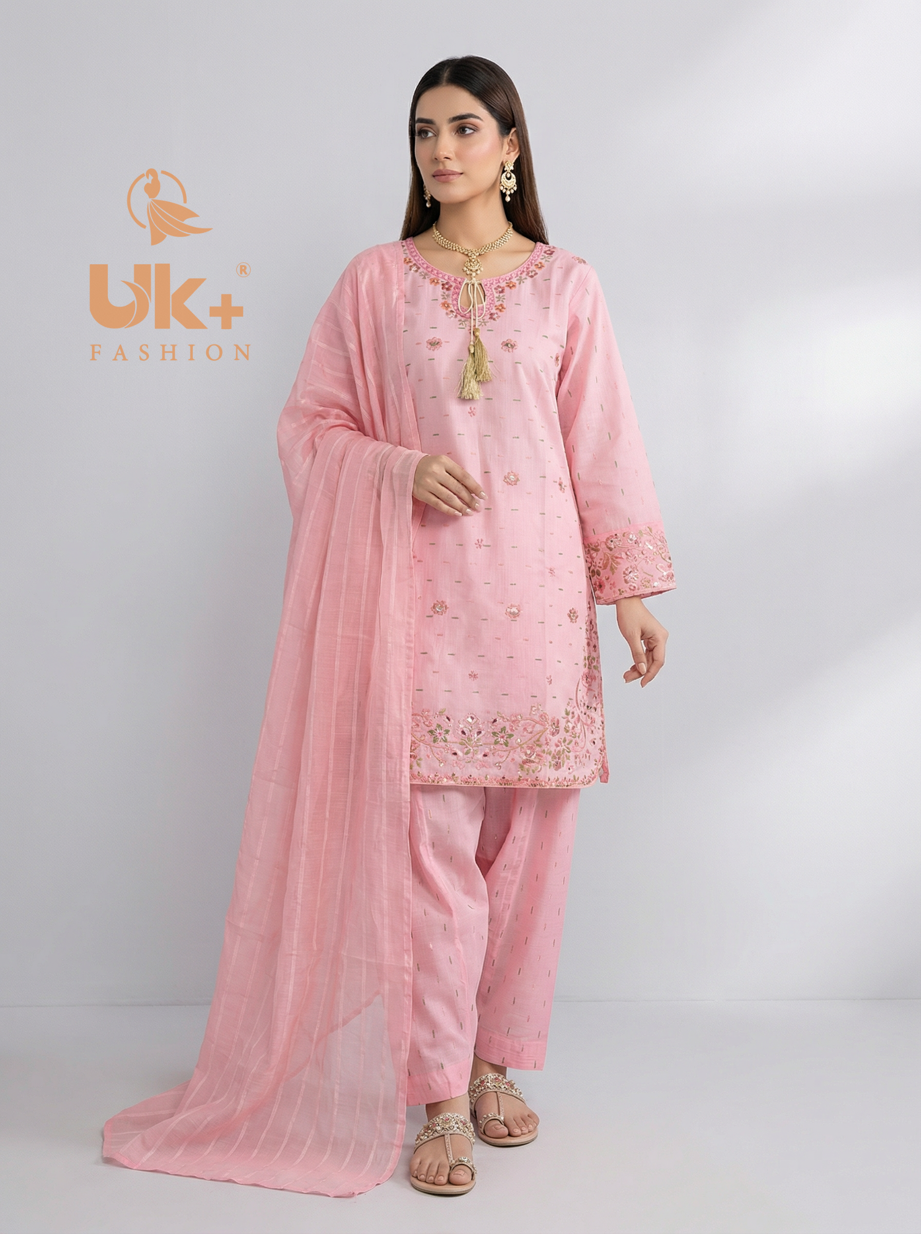 3Pc Embroidered Cotton Shirt, Farshi Shalwar, Dupatta