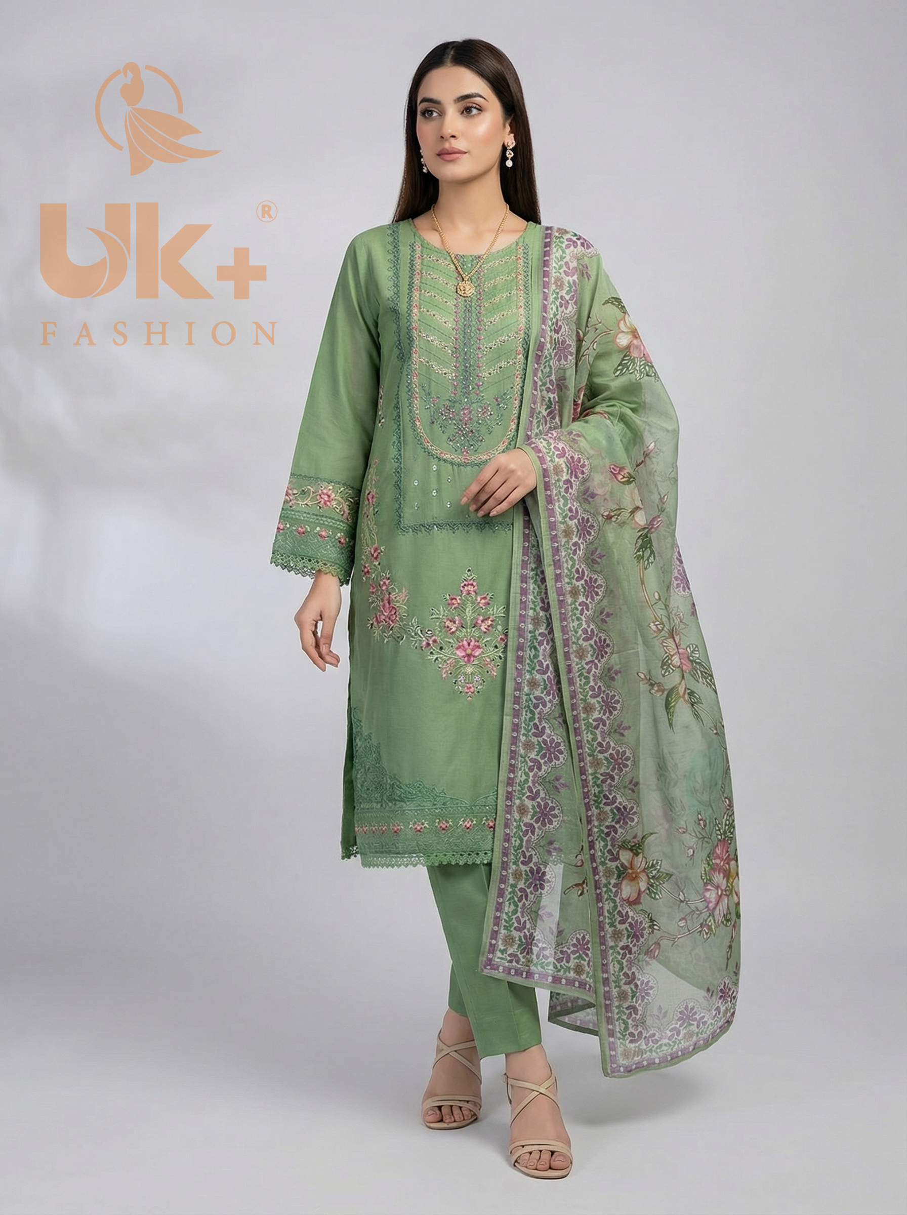 3Pc Embroidered Cotton Shirt, Trouser, Dupatta,