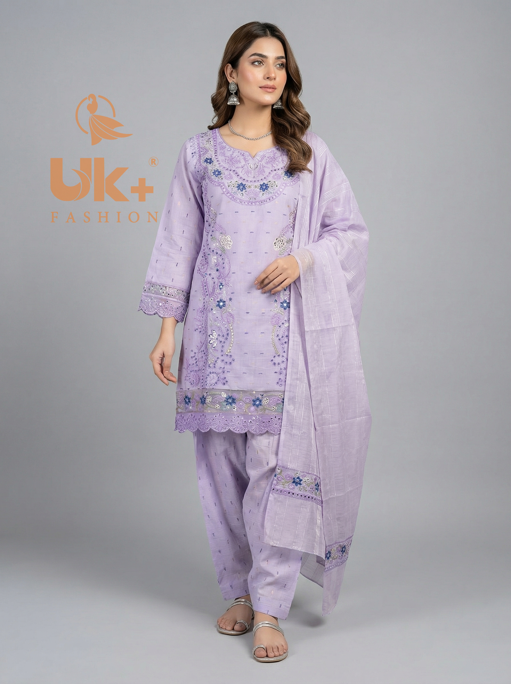 3Pc Embroidered Cotton Shirt, Farshi Shalwar, Dupatta