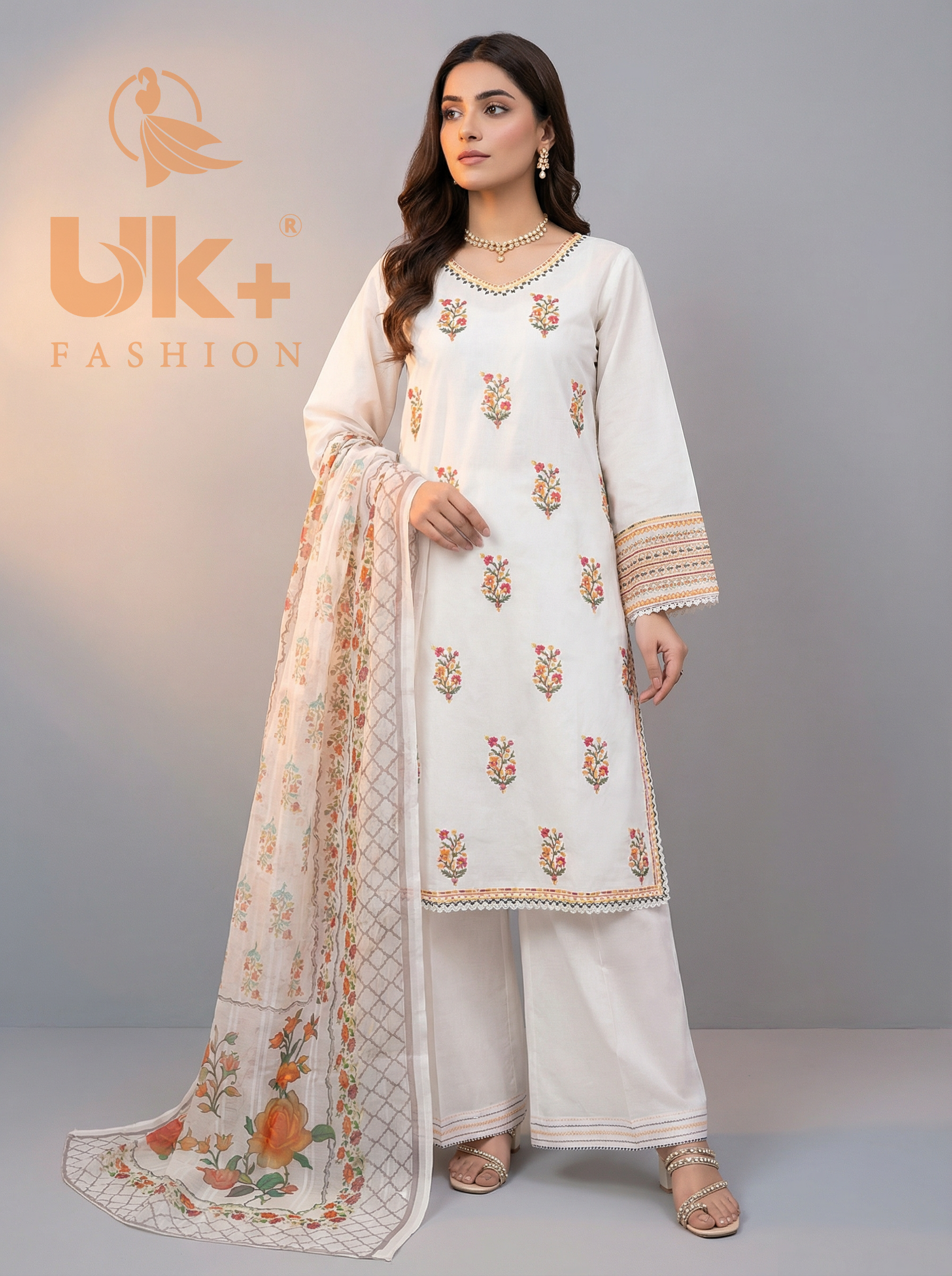 3Pc Embroidered Cotton Shirt, Plazo, Dupatta