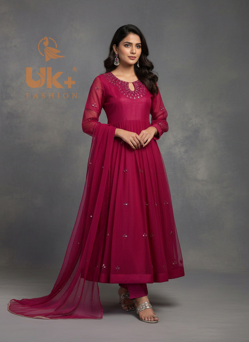 3Pc Mirror Work Chiffon Frock, Shalwar, Dupatta