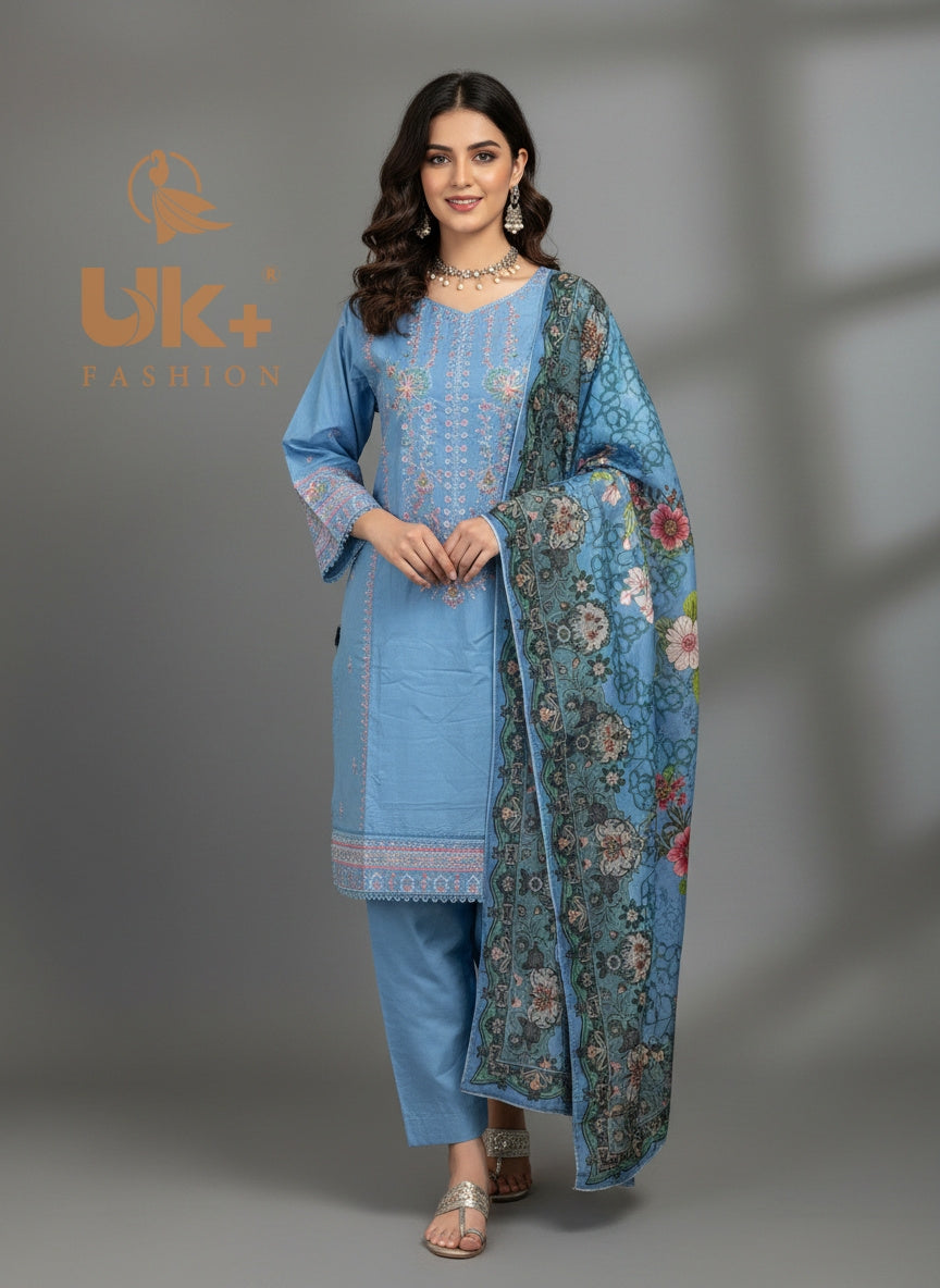 3Pc Embroidered Winter Cotton Shirt, Trouser, Dupatta..
