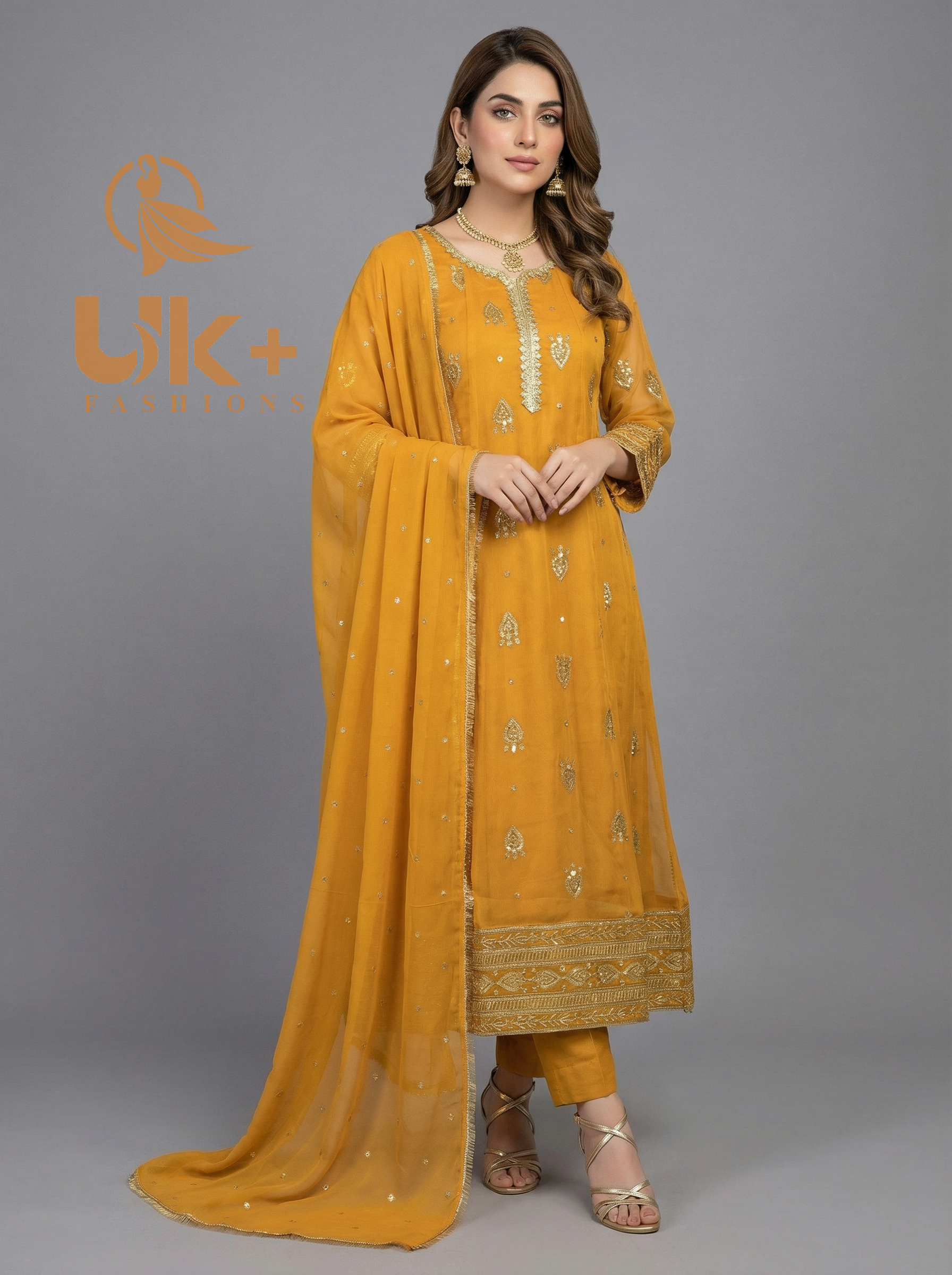 3Pc Embroidered Chiffon Frock, Shalwar, Dupatta