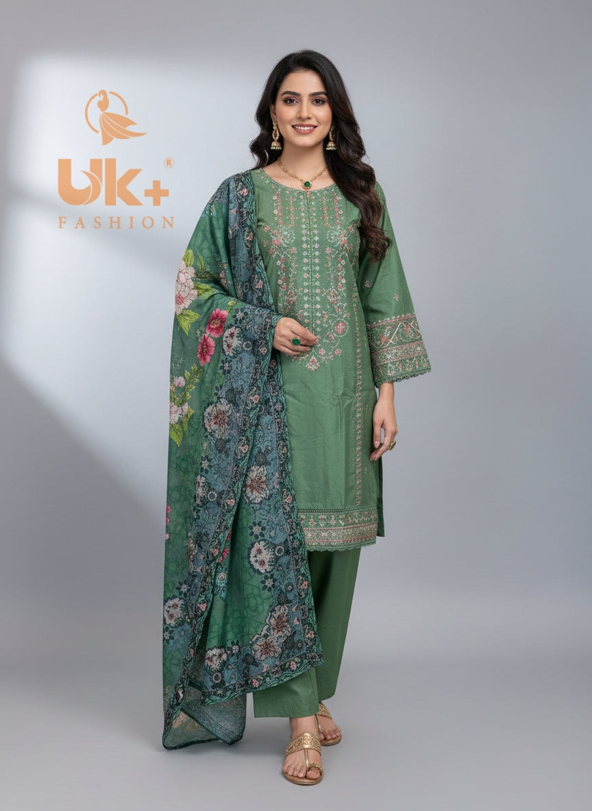 3Pc Embroidered Winter Cotton Shirt, Trouser, Dupatta..