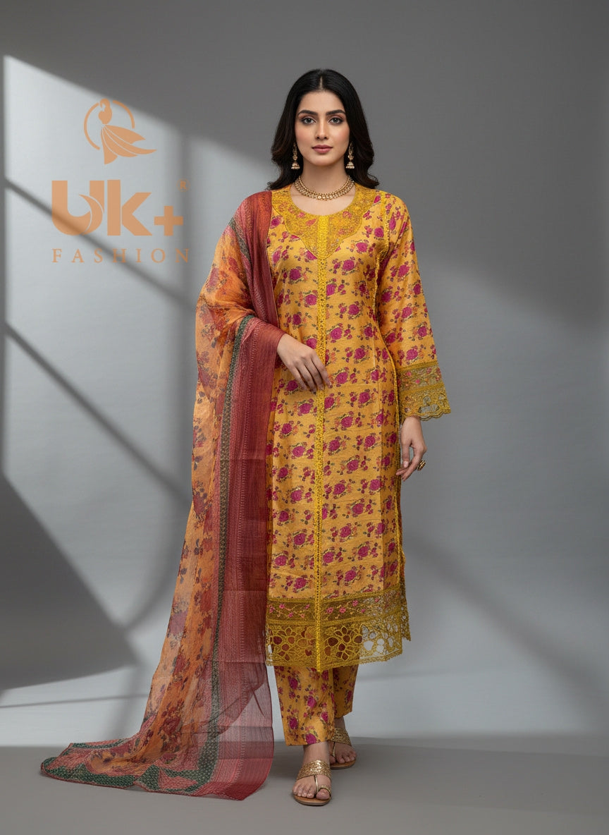 3Pc Printed Bona Dora Shirt, Trouser, Dupatta