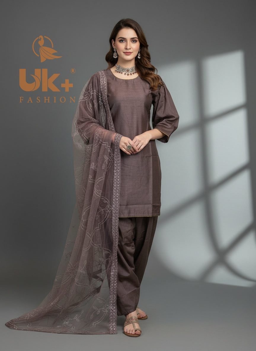 3Pc Embroidered Silk Shirt, Farshi Shalwar, Dupatta