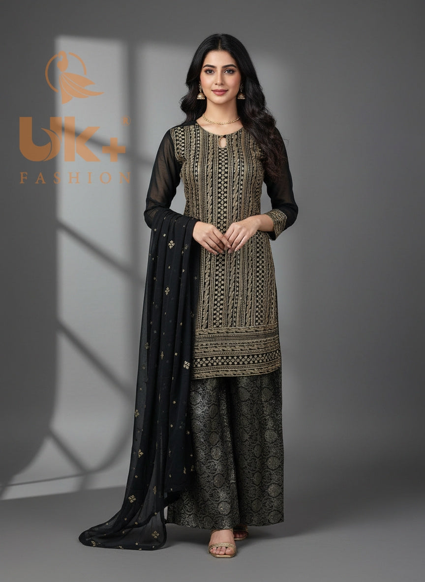 3Pc Embroidered Chiffon Shirt, Plazo, Dupatta