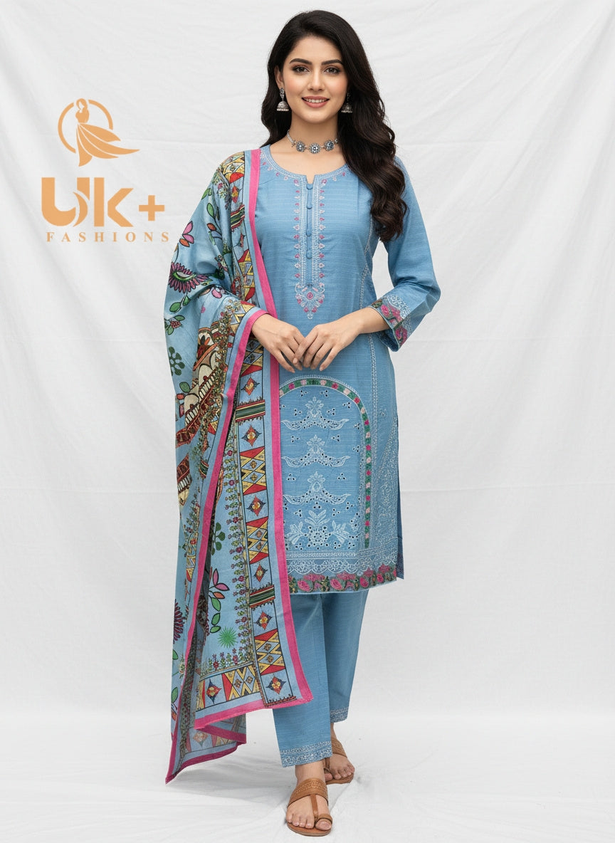 3Pc Embroidered Cotton Shirt, Plazo, Dupatta
