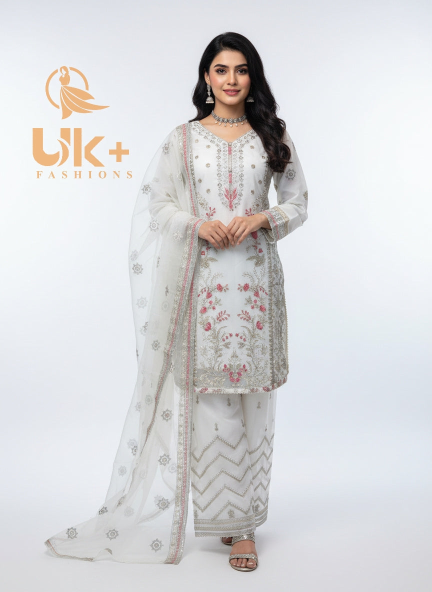 3Pc Embroidered Organza Shirt, Plazo, Dupatta