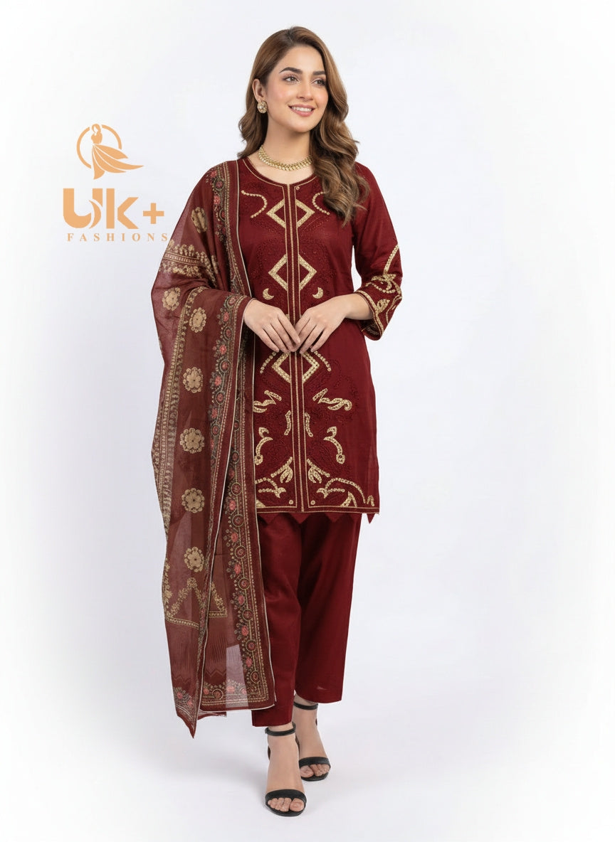 3Pc Embroidered Cotton Shirt, Shalwar, Dupatta