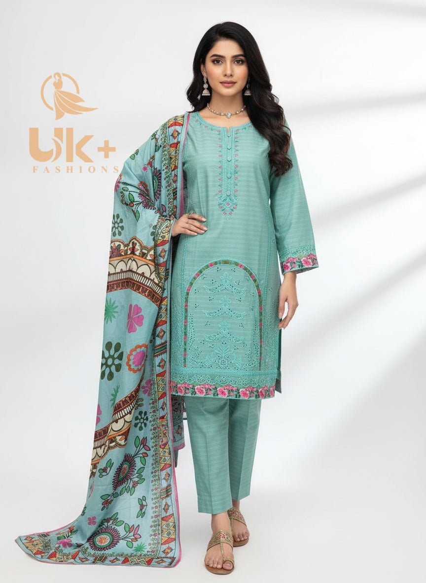 3Pc Embroidered Cotton Shirt, Plazo, Dupatta