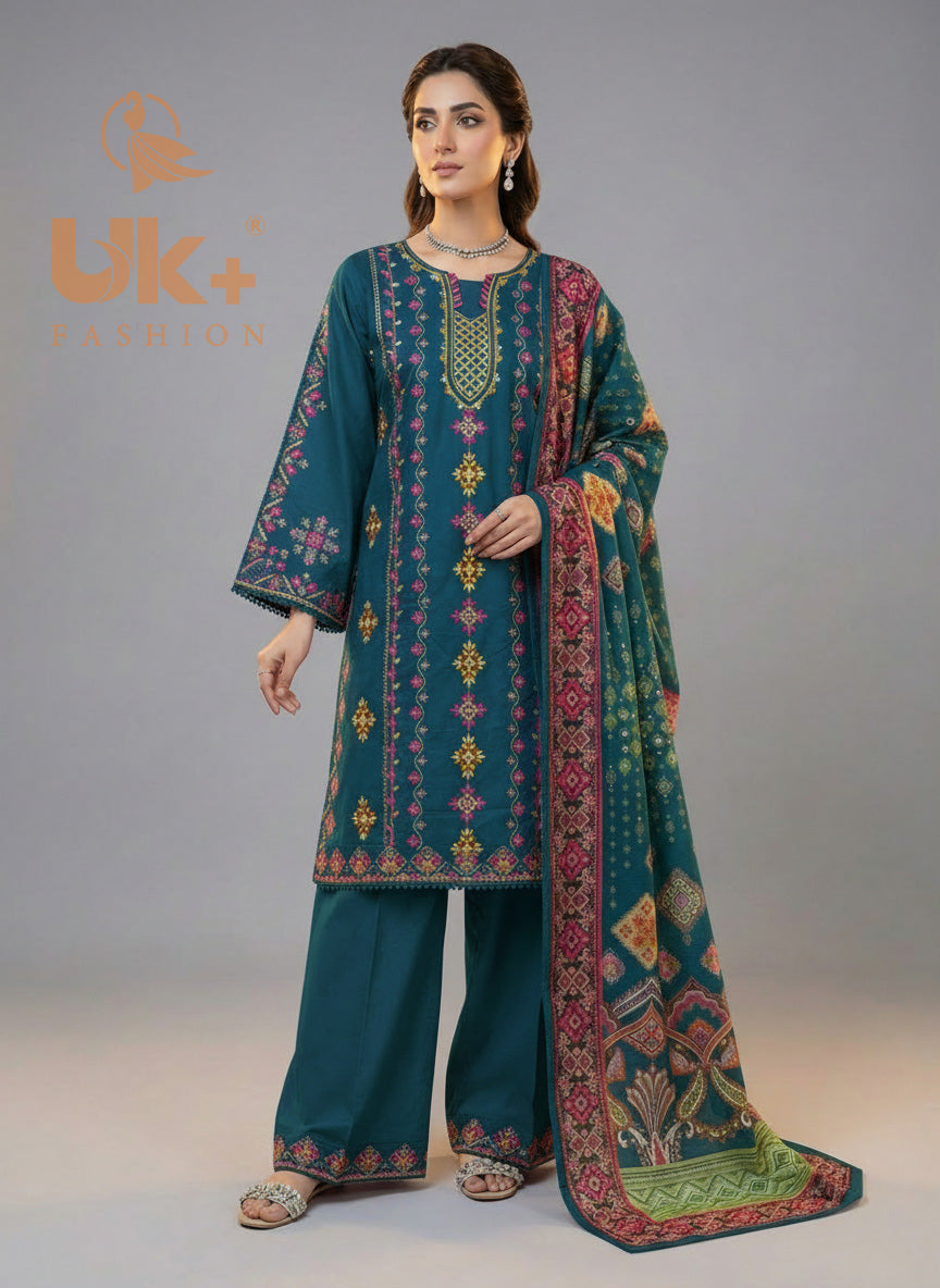 3Pc Embroidered Cotton Shirt, Plazo, Dupatta