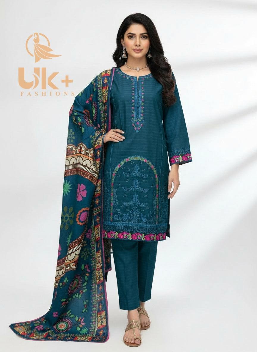 3Pc Embroidered Cotton Shirt, Plazo, Dupatta