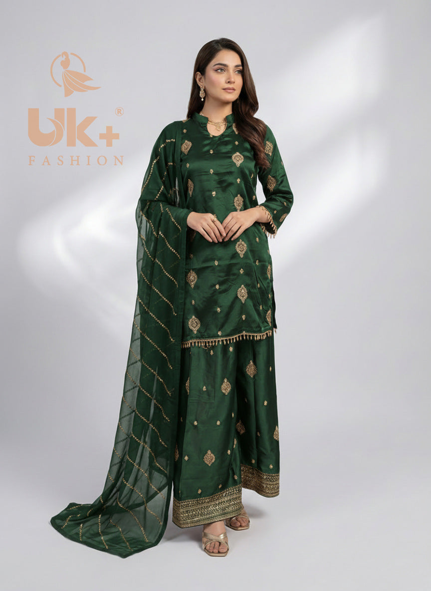 3Pc Embroidered Silk Shirt, Plazo, Dupatt