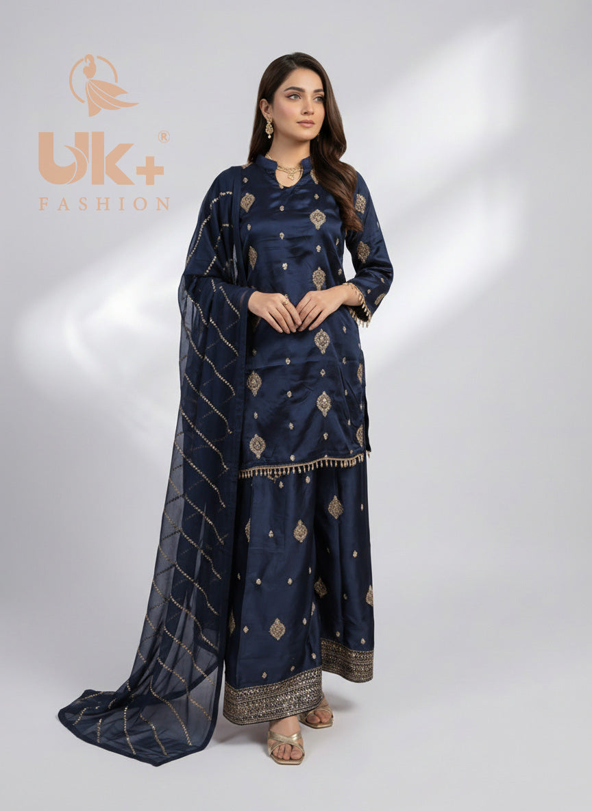 3Pc Embroidered Silk Shirt, Plazo, Dupatt