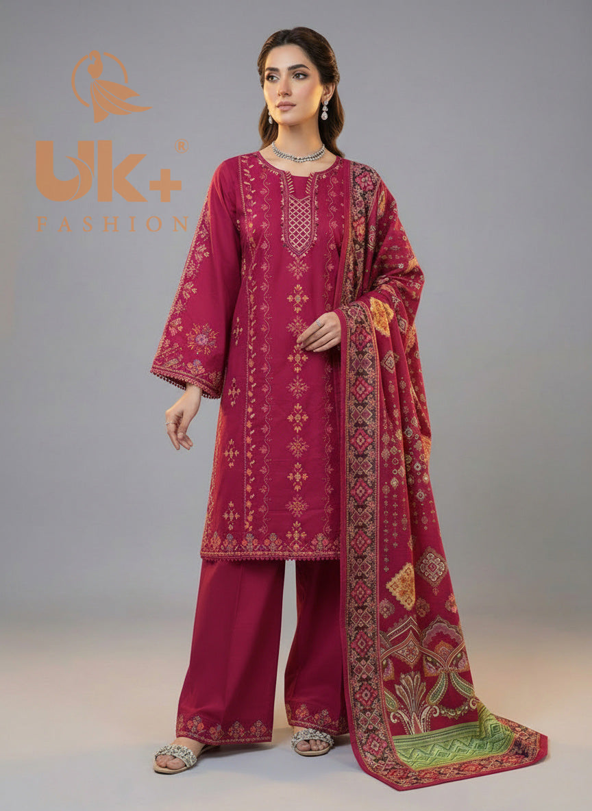 3Pc Embroidered Cotton Shirt, Plazo, Dupatta