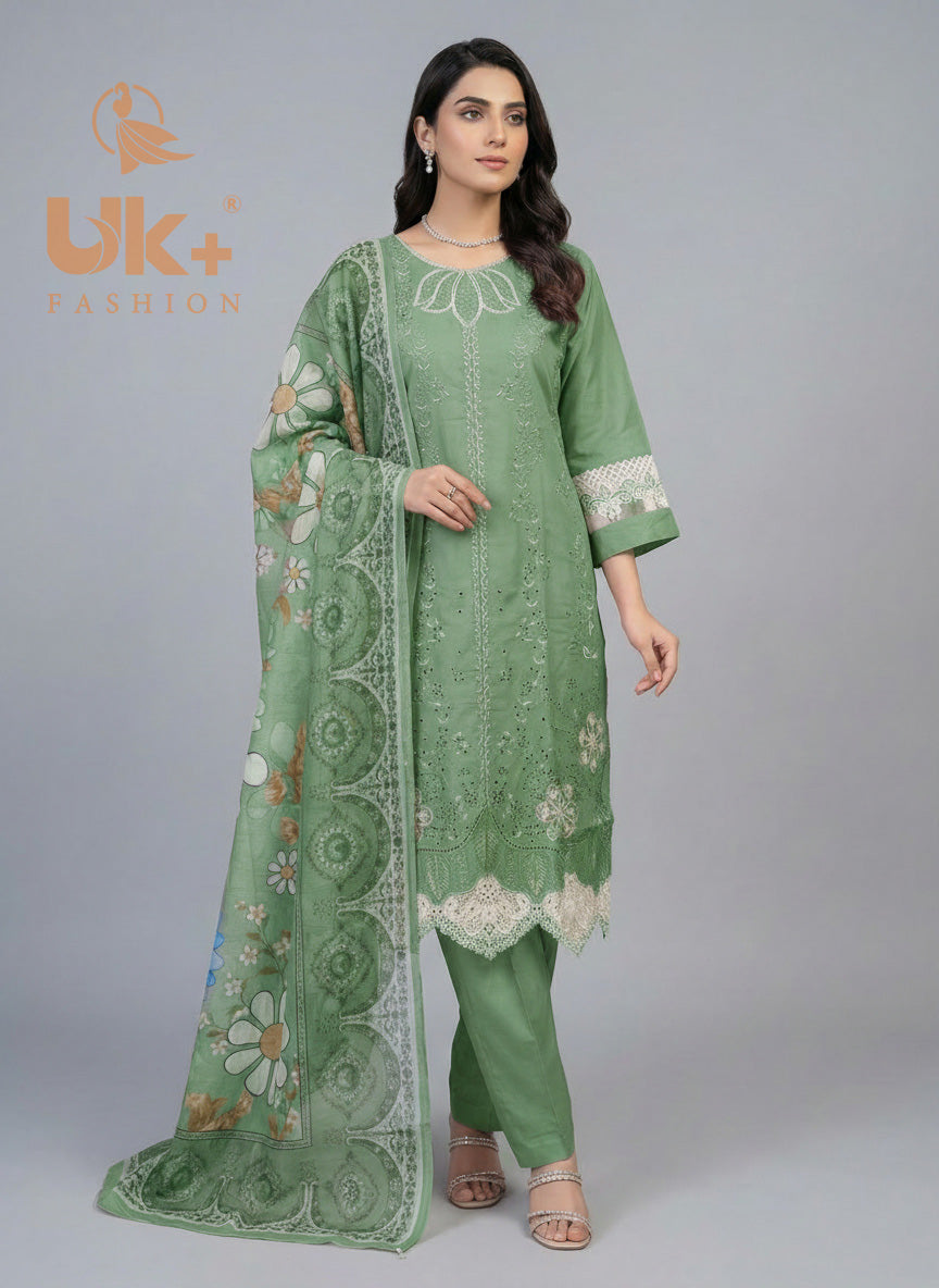 3Pc Embroidered Cotton Shirt, Trouser , Dupatta.