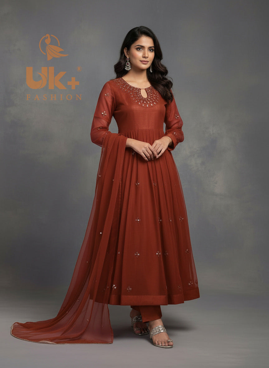 3Pc Mirror Work Chiffon Frock, Shalwar, Dupatta