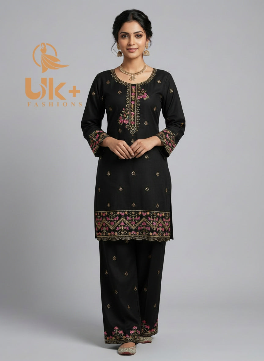 2Pc Embroidered Khaddar Shirt, Plazo