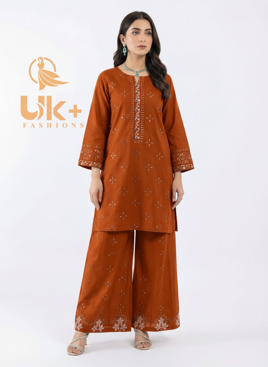 2Pc Embroidered Khaddar Shirt, Plazo, Dupatta