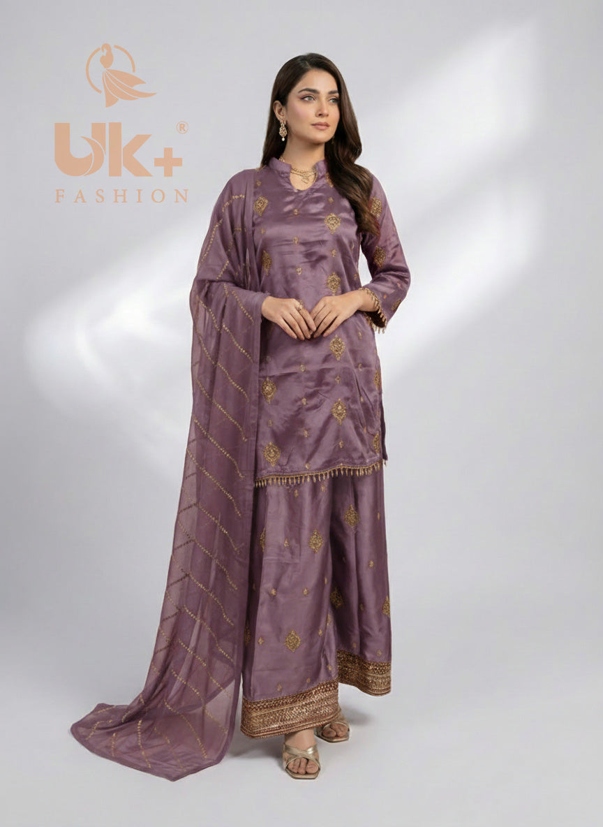 3Pc Embroidered Silk Shirt, Plazo, Dupatt