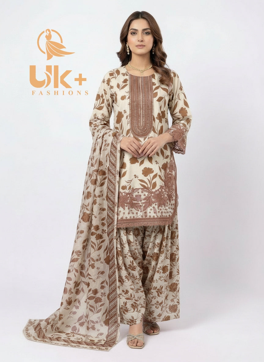 3Pc Bona Dora Printed Shirt, Farshi shalwar, Dupatta