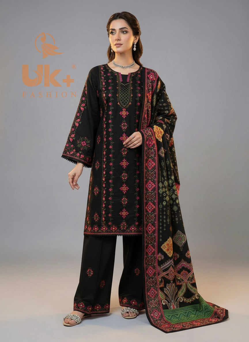 3Pc Embroidered Cotton Shirt, Plazo, Dupatta