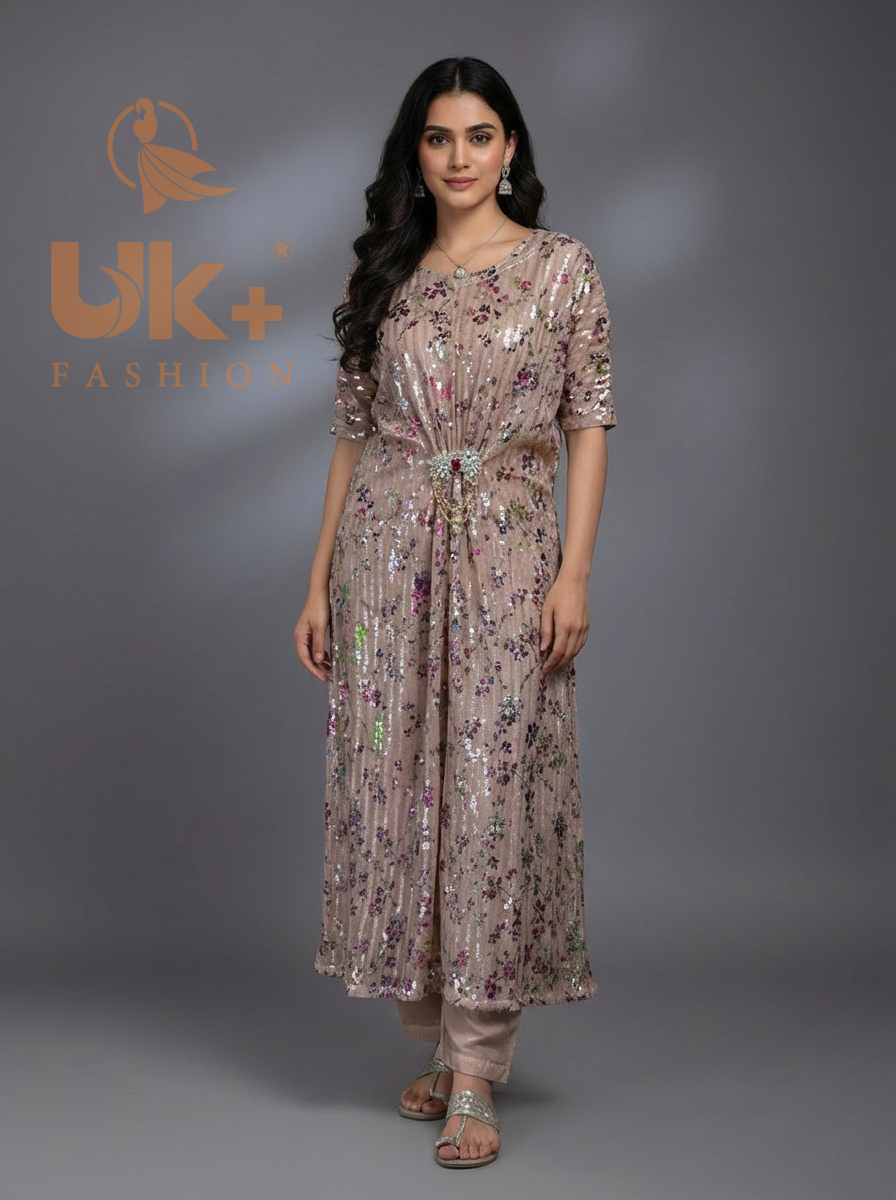 2Pc Embroidered Net Kaftan, Trouser