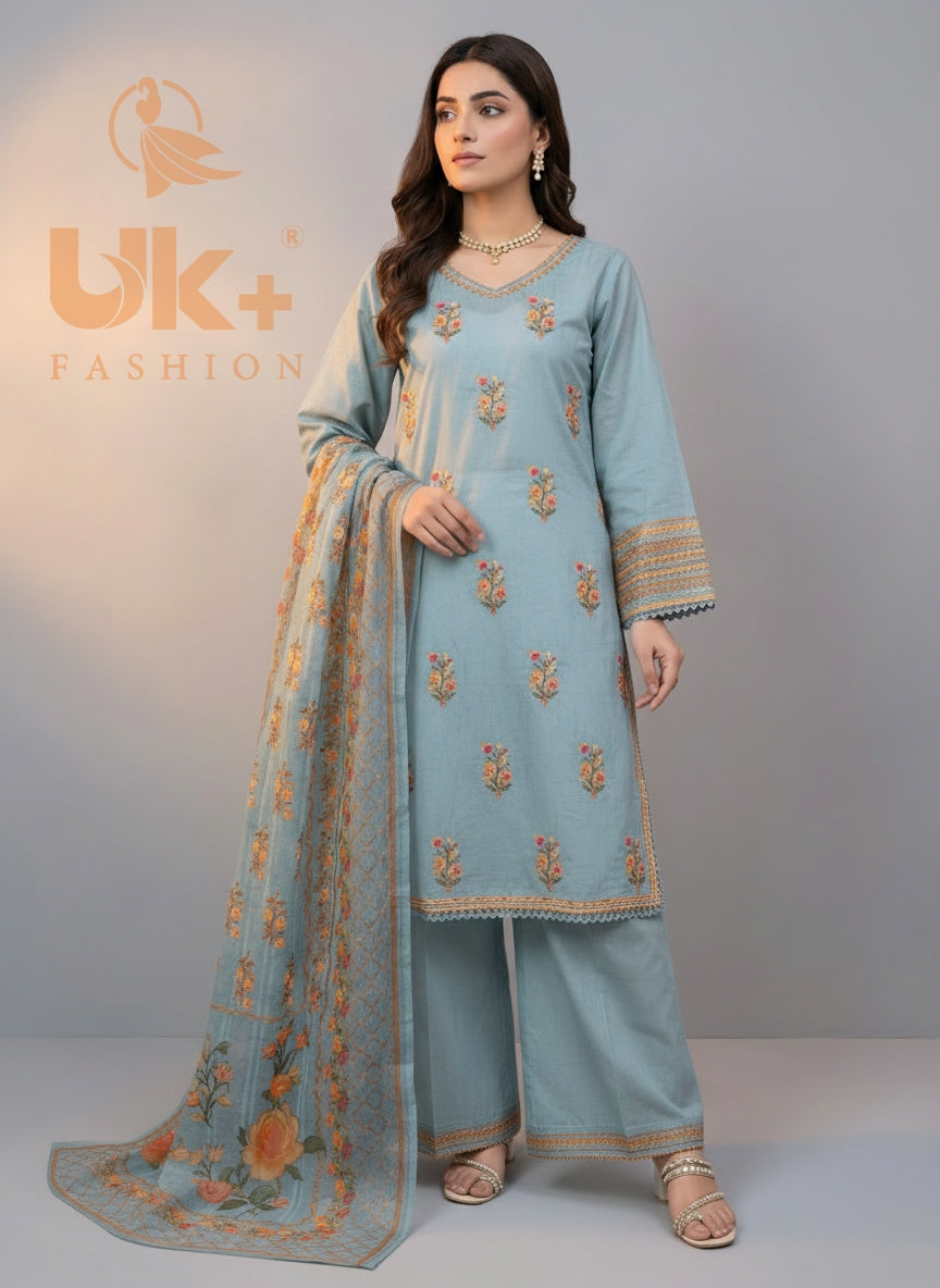 3Pc Embroidered Cotton Shirt, Plazo, Dupatta