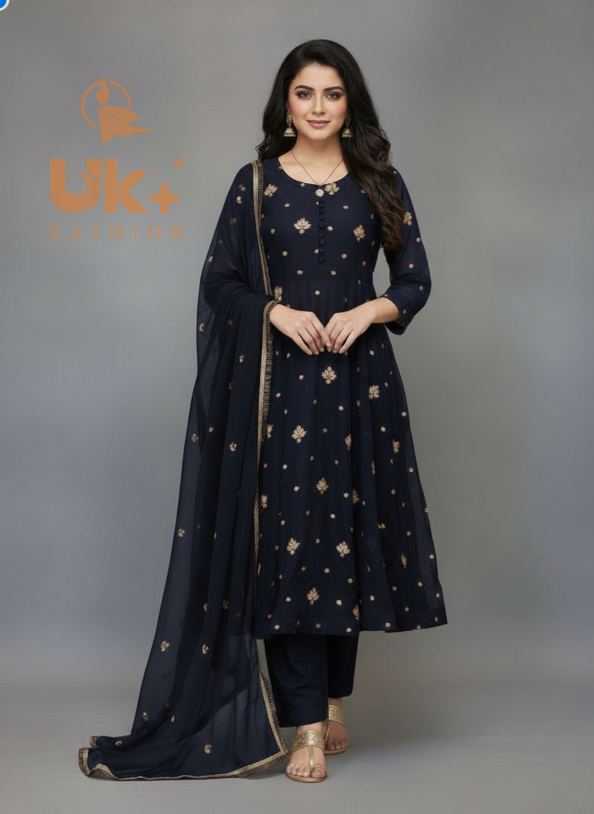 3Pc Embroidered Chiffon Frock, Shalwar, Dupatta