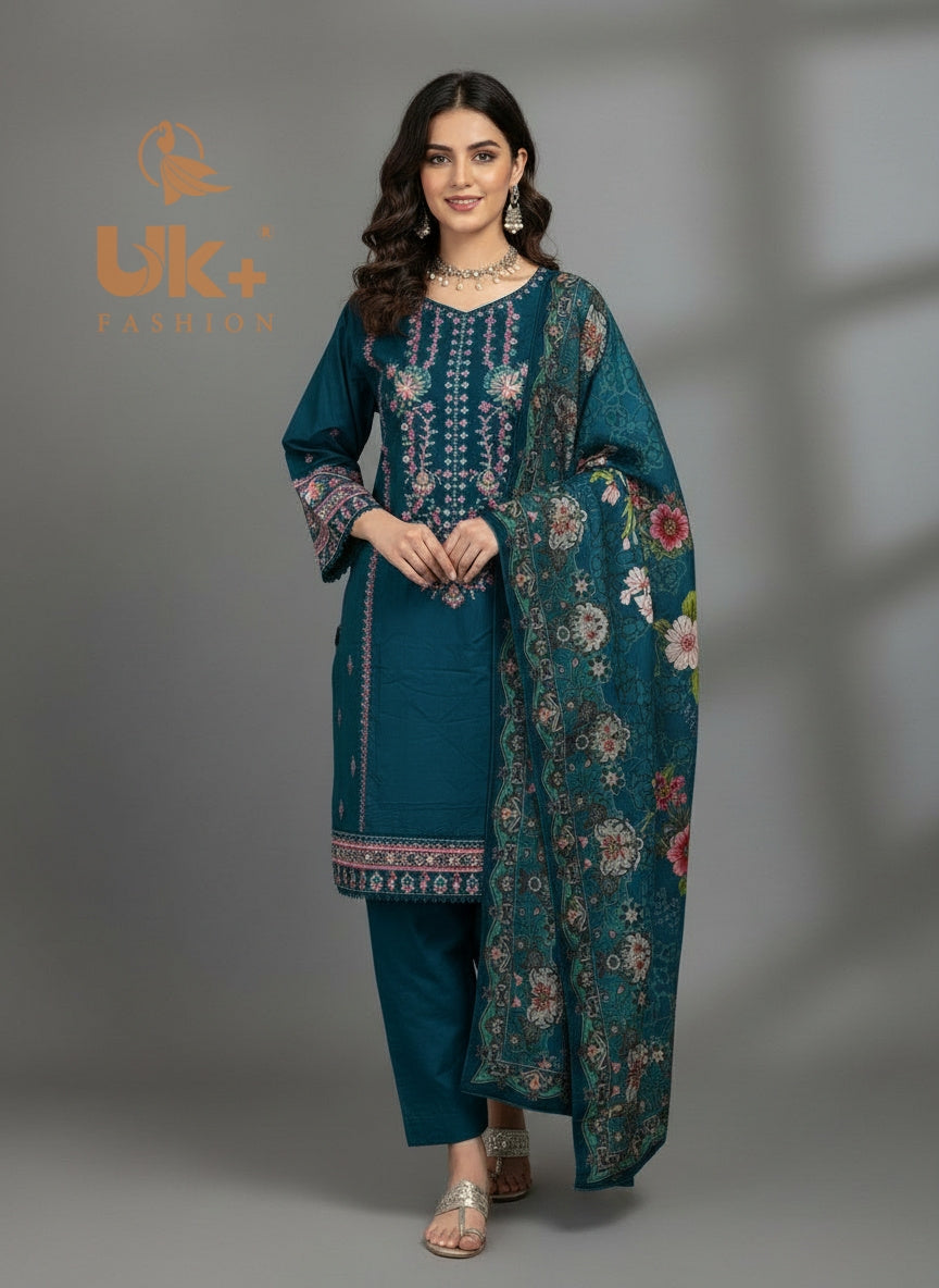 3Pc Embroidered Winter Cotton Shirt, Trouser, Dupatta..