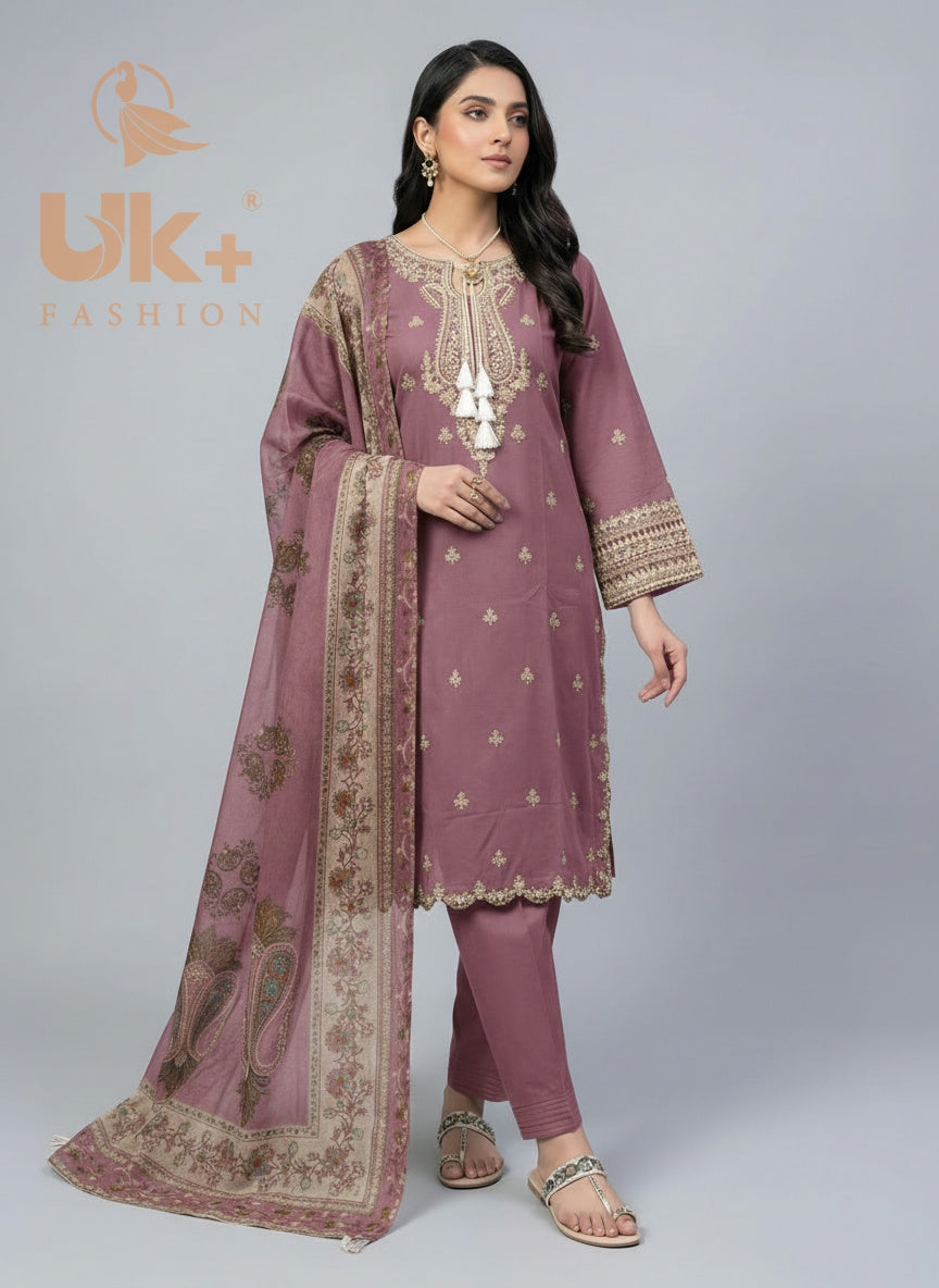 3Pc Embroidered Cotton Shirt, Trouser , Dupatta,
