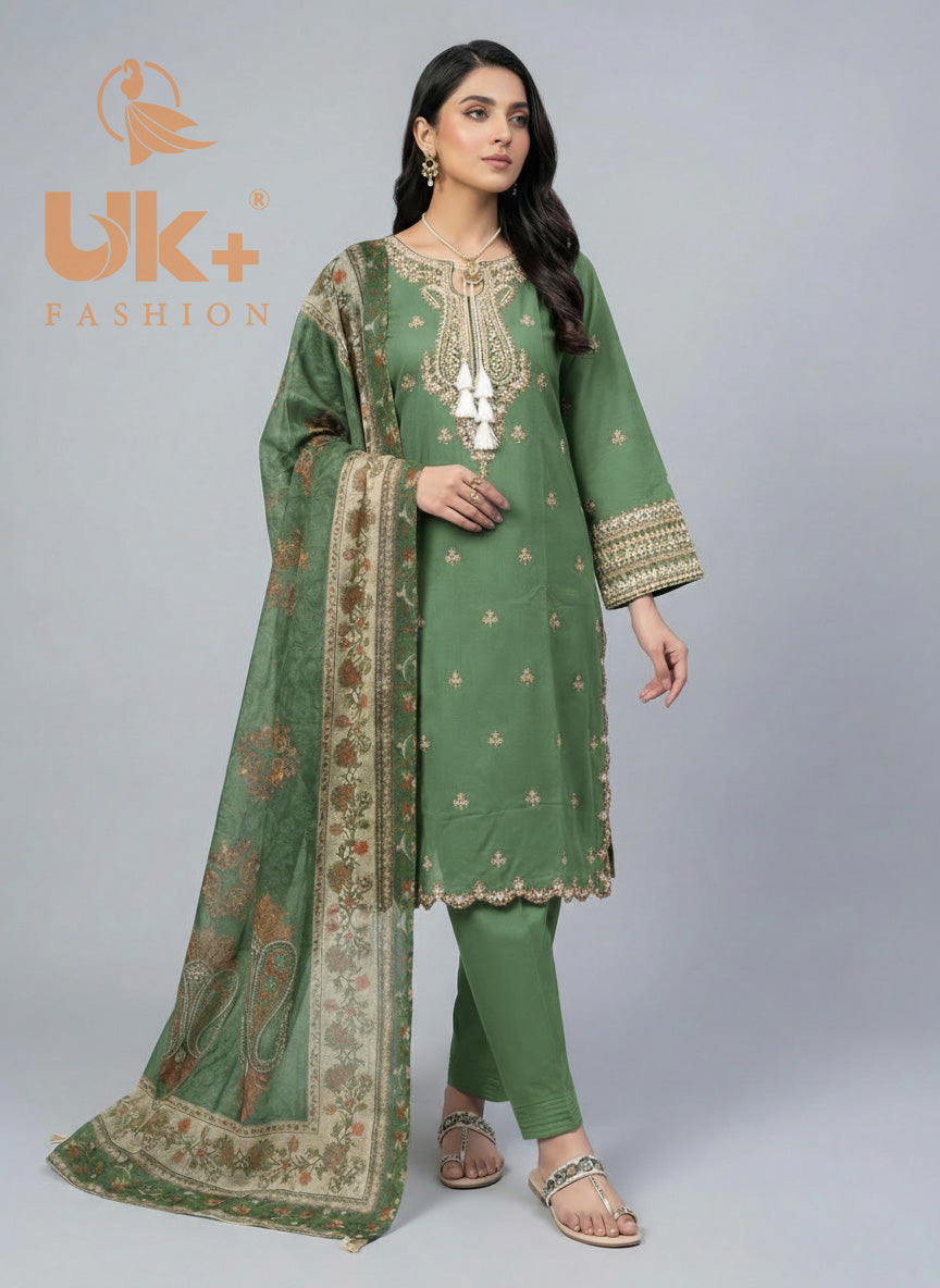 3Pc Embroidered Cotton Shirt, Trouser , Dupatta,