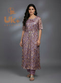 2Pc Embroidered Net Kaftan, Trouser
