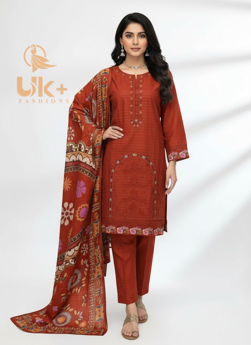 3Pc Embroidered Cotton Shirt, Plazo, Dupatta
