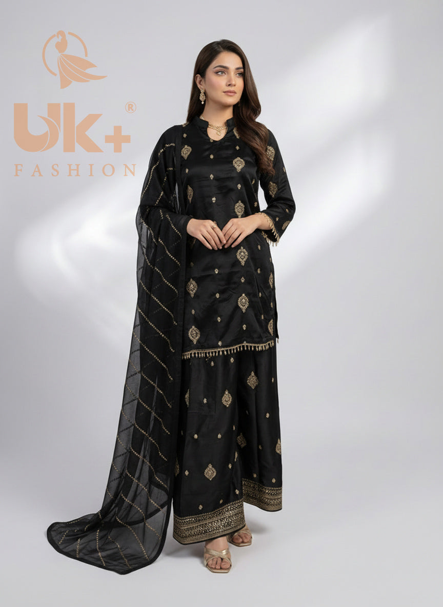 3Pc Embroidered Silk Shirt, Plazo, Dupatt