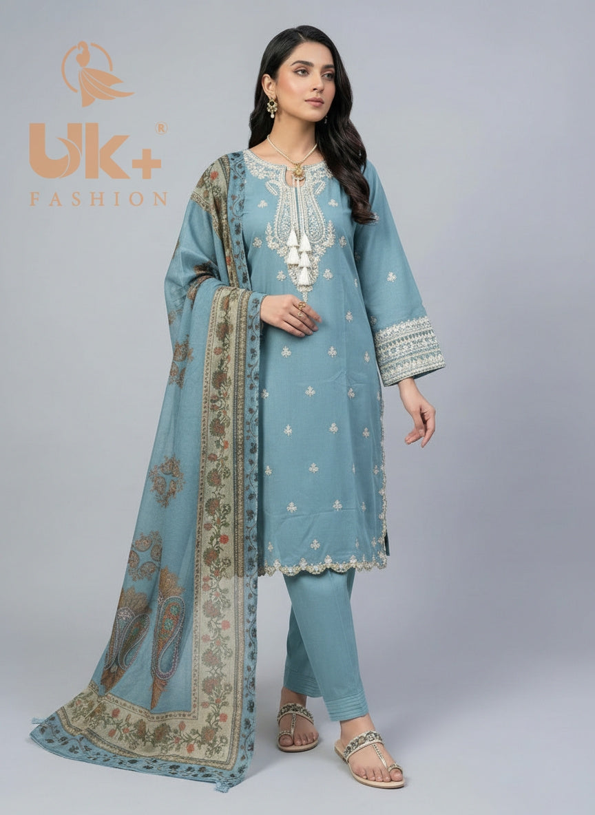 3Pc Embroidered Cotton Shirt, Trouser , Dupatta,