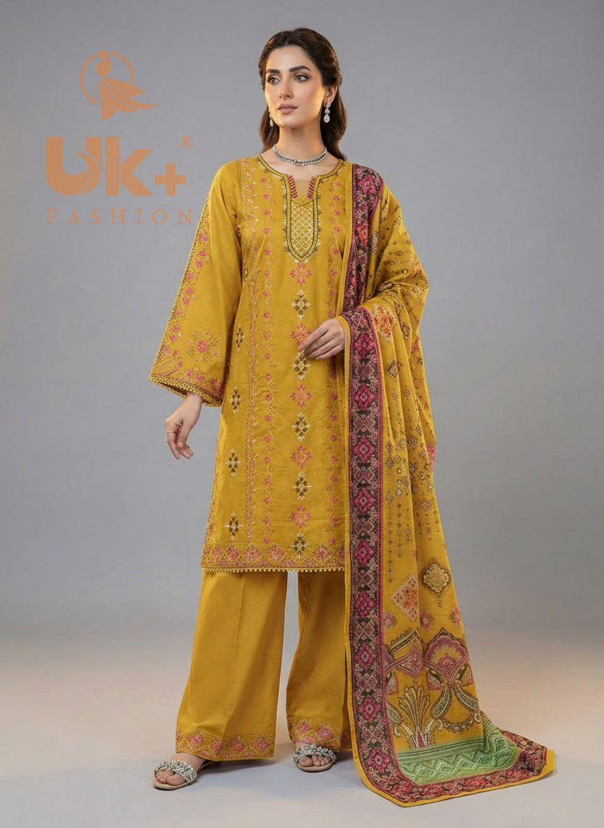 3Pc Embroidered Cotton Shirt, Plazo, Dupatta