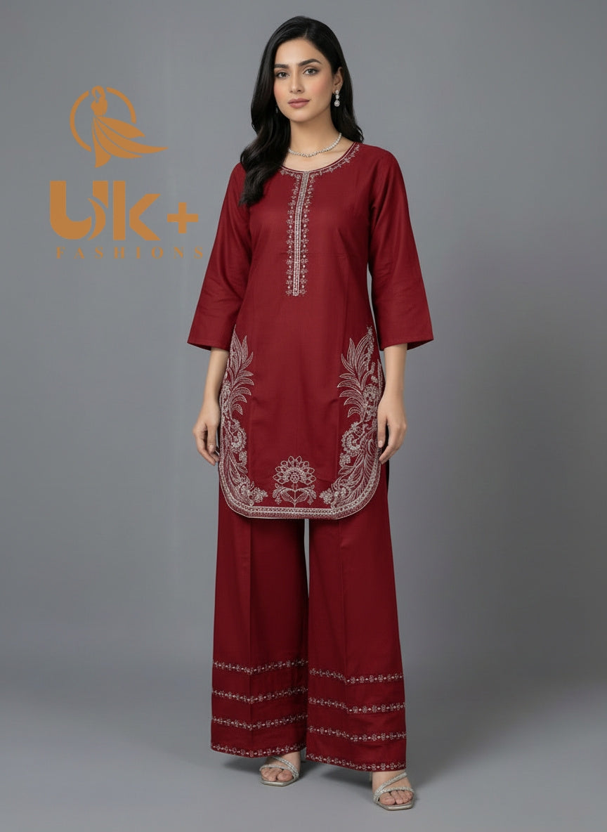2Pc Embroidered Khaddar Shirt, Plazo