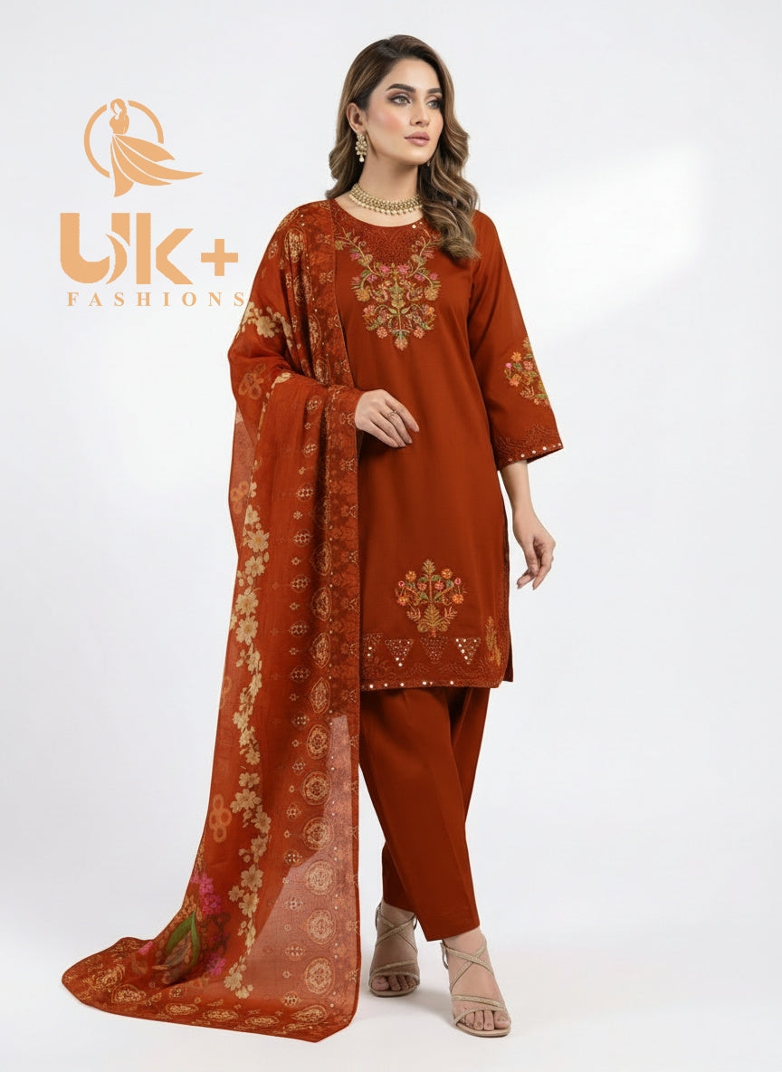 3Pc Embroidered Khaddar Shirt, Shalwar, Dupatta