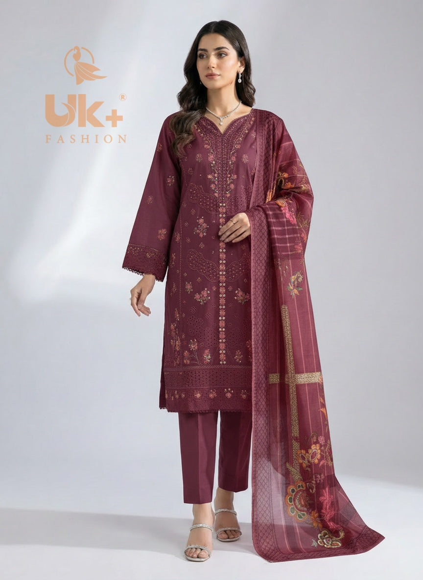3Pc Embroidered Cotton Shirt, Trouser, Dupatta.