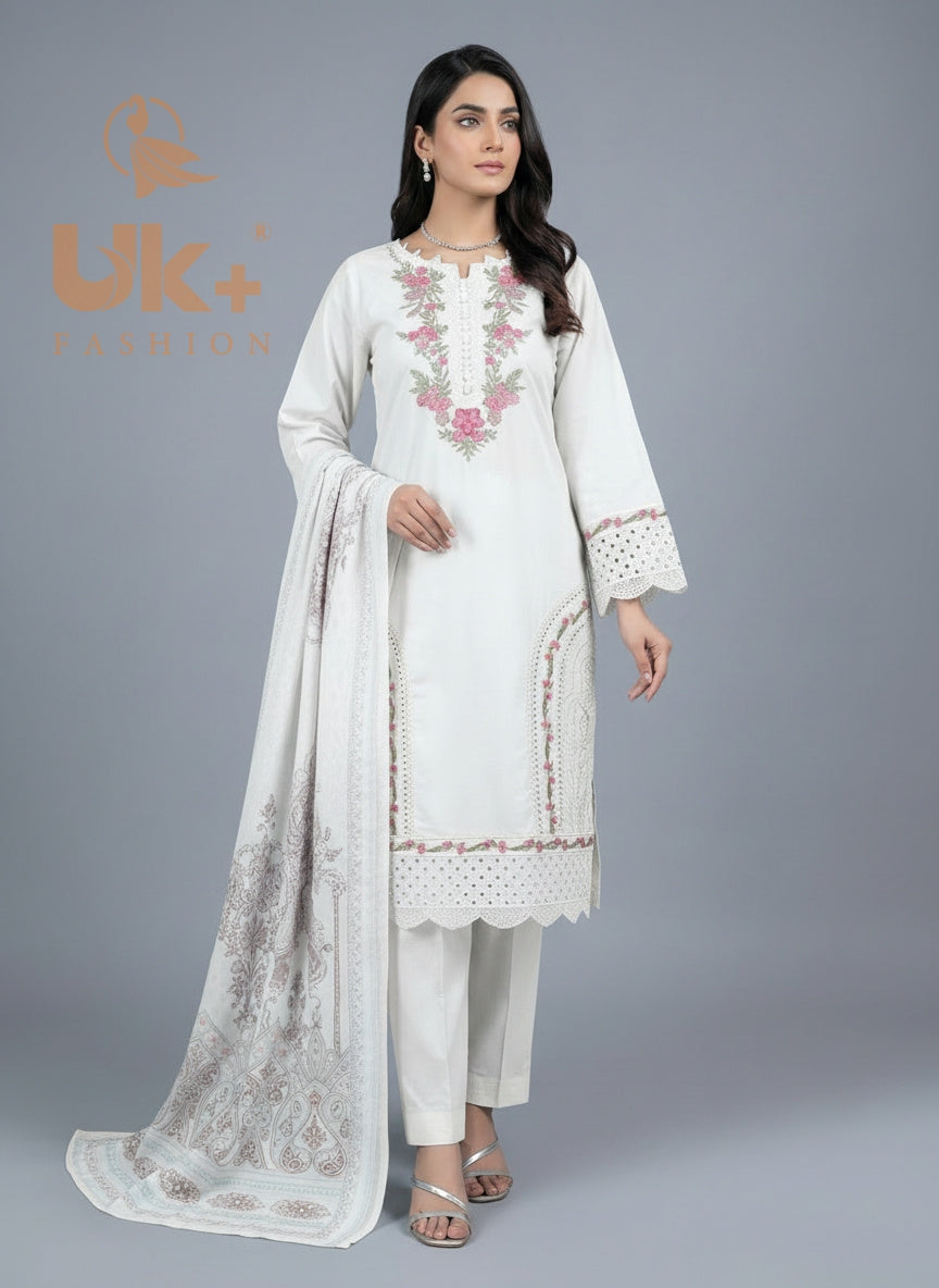 3Pc Embroidered Cotton Shirt, Trouser, Dupatta