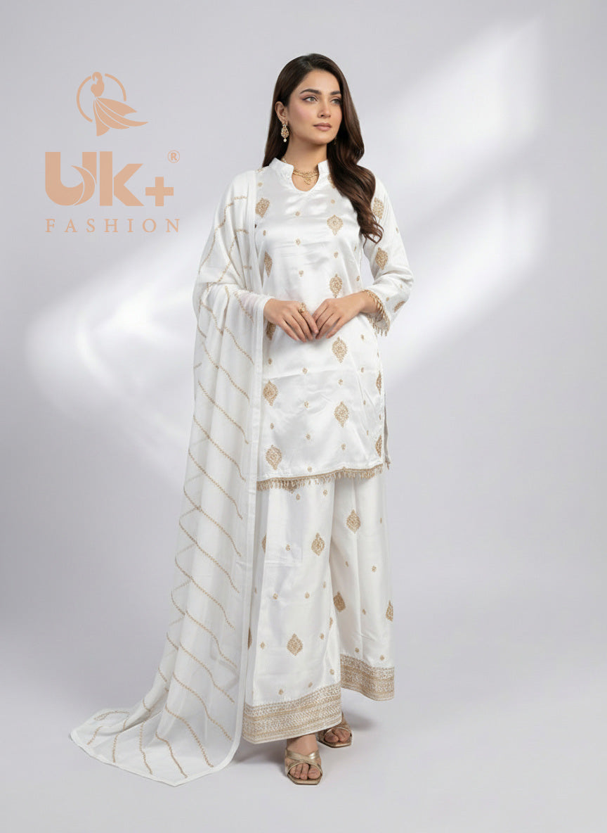 3Pc Embroidered Silk Shirt, Plazo, Dupatt