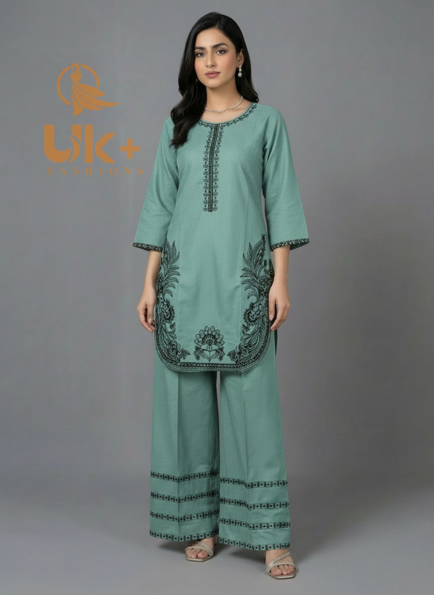 2Pc Embroidered Khaddar Shirt, Plazo