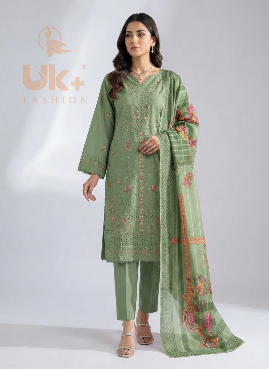 3Pc Embroidered Cotton Shirt, Trouser, Dupatta.