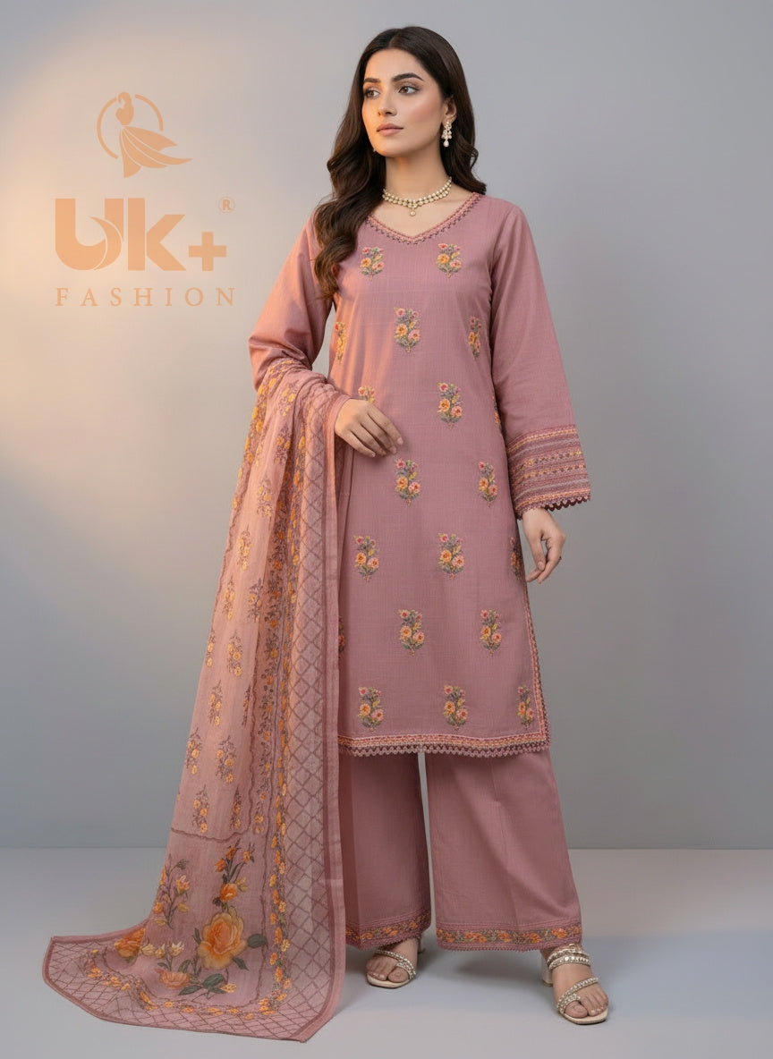 3Pc Embroidered Cotton Shirt, Plazo, Dupatta