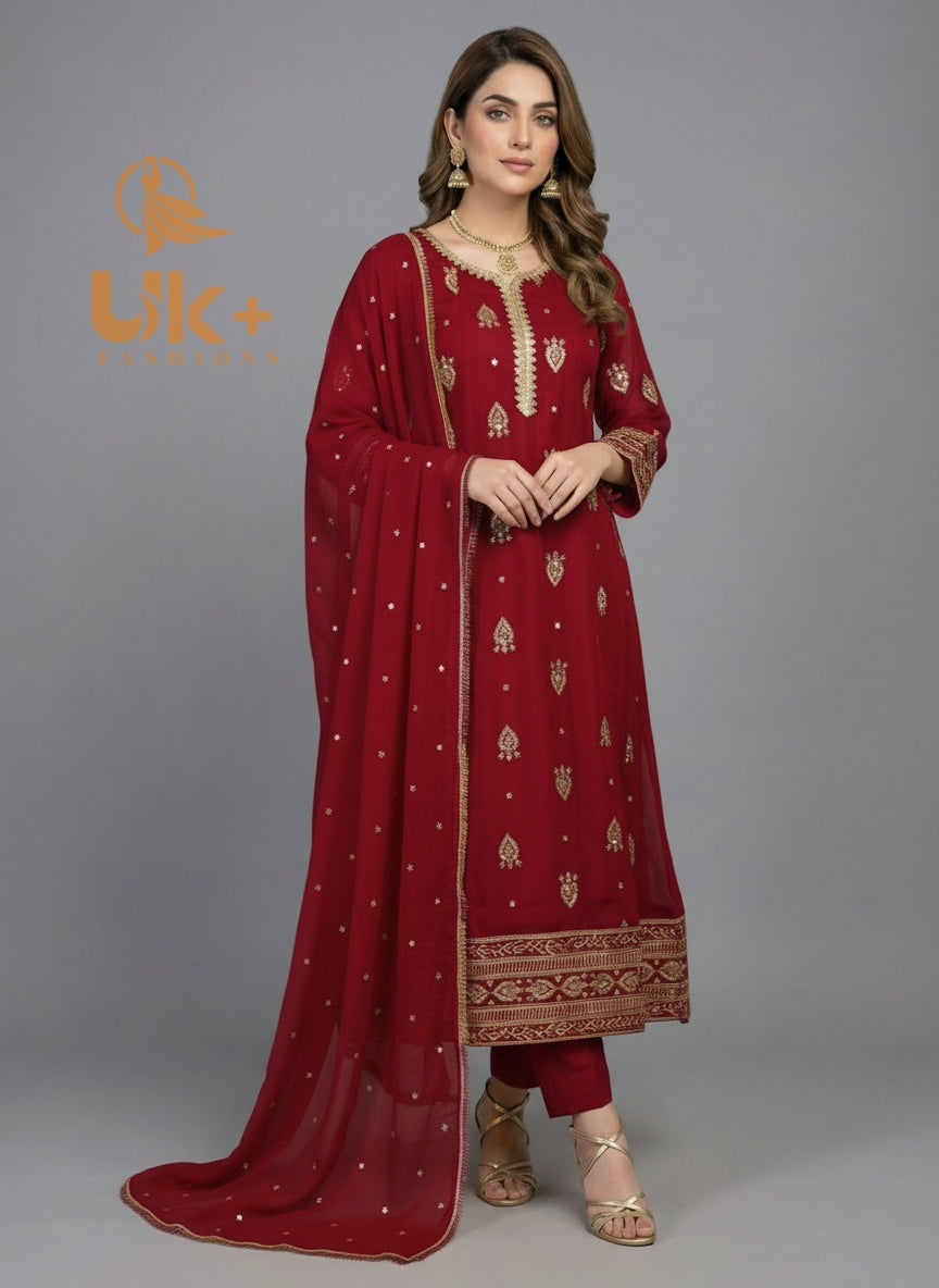 3Pc Embroidered Chiffon Frock, Shalwar, Dupatta